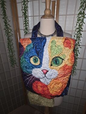 Vibrant Multicolor Cat Quilted Tote Bag